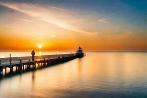 ein Mann steht auf ein Seebrücke beim Sonnenuntergang. KI-generiert foto