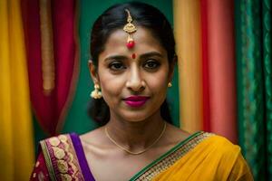 ein Frau im ein Sari mit ein rot Lippenstift. KI-generiert foto
