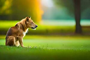 ein Hund Sitzung im das Gras auf ein sonnig Tag. KI-generiert foto