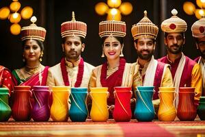 indisch Hochzeit Party mit bunt Vasen. KI-generiert foto