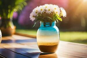 ein Vase mit Blumen auf ein Tabelle im das Sonne. KI-generiert foto