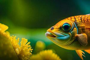 ein Fisch mit groß Augen und ein Gelb Blume. KI-generiert foto