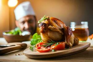 ein Koch ist vorbereiten ein Hähnchen auf ein hölzern Schneiden Tafel. KI-generiert foto