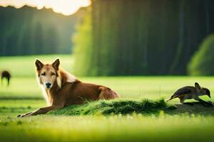 ein Hund und ein Vogel im ein Feld. KI-generiert foto