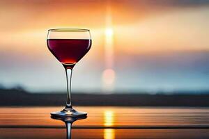 ein Glas von rot Wein auf ein Tabelle im Vorderseite von das Sonnenuntergang. KI-generiert foto