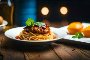 Spaghetti mit Fleisch und Soße auf ein Platte. KI-generiert foto