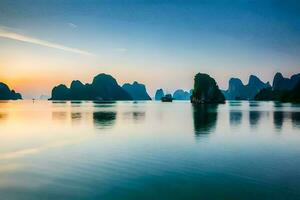 Halong Bucht, Vietnam, Sonnenuntergang, Sonnenaufgang, Sonnenaufgang, Sonnenaufgang, Sonnenaufgang, Sonnenaufgang. KI-generiert foto