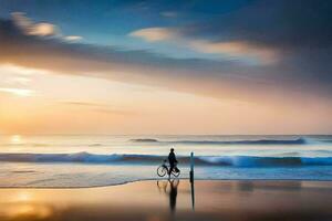 ein Mann auf ein Fahrrad Fahrten entlang das Strand beim Sonnenuntergang. KI-generiert foto