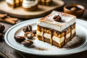 ein Stück von Kuchen mit Sahne und Schokolade auf oben. KI-generiert foto