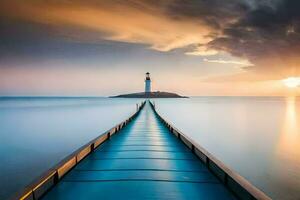 ein lange Seebrücke mit ein Leuchtturm beim Sonnenuntergang. KI-generiert foto