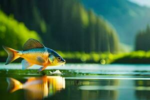 ein Fisch ist Stehen auf das Wasser im Vorderseite von ein Berg. KI-generiert foto