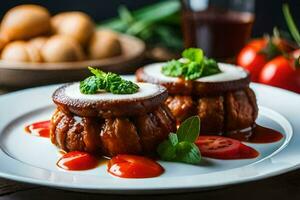 zwei ausgestopft Fleischklößchen auf ein Teller mit Tomaten. KI-generiert foto