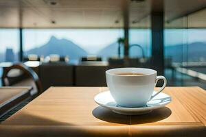 ein Tasse von Kaffee auf ein Tabelle im ein Restaurant. KI-generiert foto