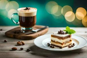 Kaffee und Kuchen auf ein hölzern Tisch. KI-generiert foto