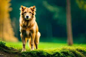 ein Hund Stehen auf ein grasig Hügel im das Wald. KI-generiert foto