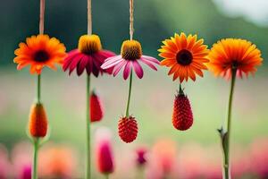 bunt Blumen hängend von Saiten im ein Feld. KI-generiert foto