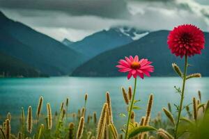 zwei Rosa Blumen sind im Vorderseite von ein See und Berge. KI-generiert foto