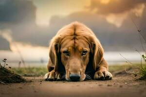 ein Hund Verlegung auf das Boden im das Mitte von ein Feld. KI-generiert foto