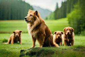 ein Gruppe von Hunde Sitzung auf ein Log im das Gras. KI-generiert foto