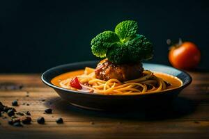 Spaghetti mit Fleischklößchen im Tomate Soße auf ein schwarz Platte. KI-generiert foto