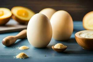 Eier auf ein Blau Tabelle mit ein Messer und ein Löffel. KI-generiert foto