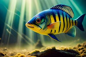 ein Fisch mit hell Streifen Schwimmen im das Ozean. KI-generiert foto