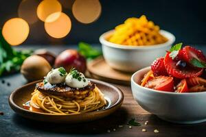 ein Teller von Spaghetti, Tomaten und andere Lebensmittel. KI-generiert foto