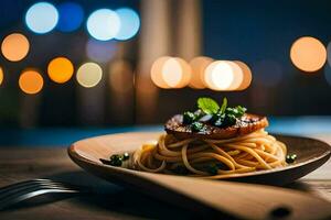 ein Teller von Spaghetti mit Fleisch und Gemüse auf ein hölzern Tisch. KI-generiert foto