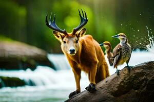 ein Hirsch und zwei Vögel Stehen auf ein Felsen in der Nähe von ein Wasserfall. KI-generiert foto