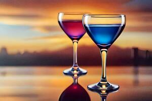 zwei Wein Brille mit farbig Flüssigkeit auf ein Tisch. KI-generiert foto