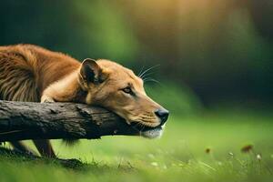 ein Hund Verlegung auf ein Log im das Gras. KI-generiert foto