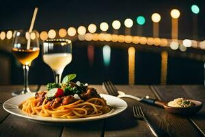 ein Teller von Spaghetti und Wein auf ein hölzern Tisch. KI-generiert foto