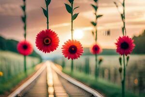 rot Blumen hängend von das Ende von ein Eisenbahn Schiene. KI-generiert foto