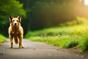 ein Hund Stehen auf ein Straße im das Mitte von ein Feld. KI-generiert foto