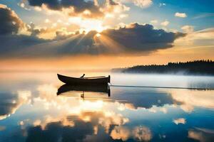 ein Boot auf das See beim Sonnenaufgang. KI-generiert foto