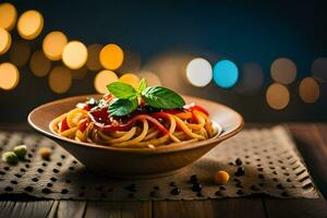 Spaghetti mit Tomate und Basilikum auf ein hölzern Platte. KI-generiert foto