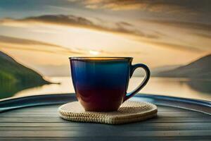 ein Tasse von Kaffee auf ein hölzern Tabelle mit ein See im das Hintergrund. KI-generiert foto