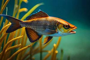 ein Fisch Schwimmen im das Wasser mit Gras. KI-generiert foto