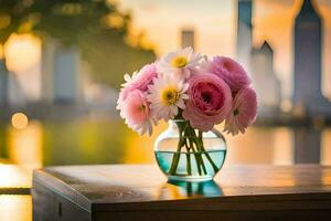 ein Vase mit Rosa Blumen auf ein Tabelle im Vorderseite von ein Stadt Horizont. KI-generiert foto