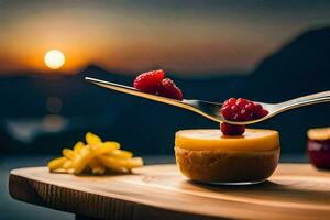 ein Dessert mit Himbeeren und ein Löffel auf ein hölzern Tisch. KI-generiert foto