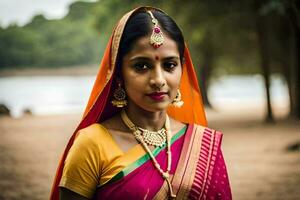 ein Frau im ein Sari posiert zum ein Foto. KI-generiert foto