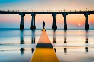 ein Mann steht auf ein Seebrücke beim Sonnenuntergang. KI-generiert foto