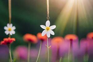 Weiß Blumen hängend von Saiten im ein Feld. KI-generiert foto