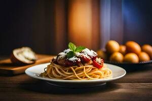 Spaghetti mit Tomaten und Käse auf ein Platte. KI-generiert foto