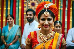 ein Frau im ein Orange Sari mit Gold Schmuck. KI-generiert foto