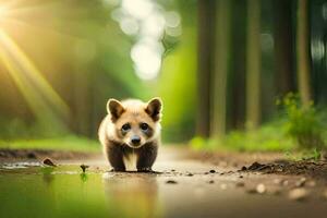 ein Baby rot Panda Jungtier Gehen durch ein Pfütze. KI-generiert foto