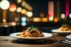 zwei Platten von Spaghetti mit ein Aussicht von das Stadt. KI-generiert foto