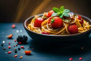 Spaghetti mit Erdbeeren und Brombeeren im ein Schüssel. KI-generiert foto