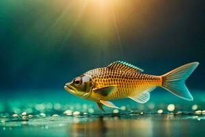 ein Fisch ist Stehen auf das Wasser mit das Sonne leuchtenden. KI-generiert foto