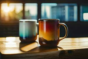 zwei Kaffee Tassen auf ein Tabelle im Vorderseite von ein Fenster. KI-generiert foto